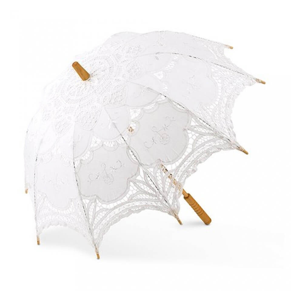 Ladies Western Victorian Lace Parasol showcasing intricate white lace design and wooden handle.