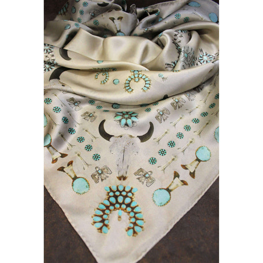 Scarf with bull skull and turquoise designs on a white background