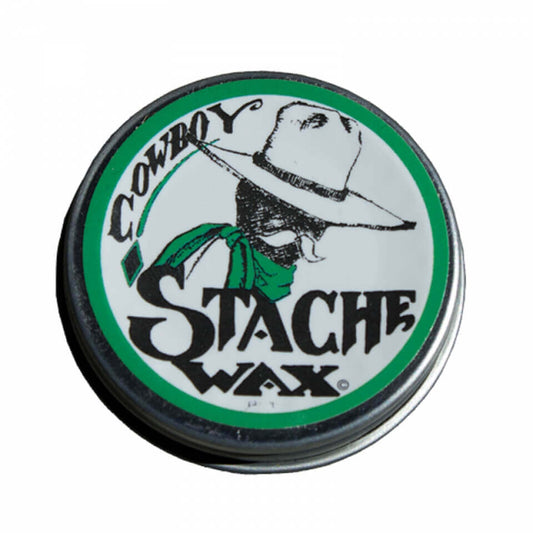 Container of Cowboy Stache Wax with a graphic of a person wearing a hat and green bandana on a white background.