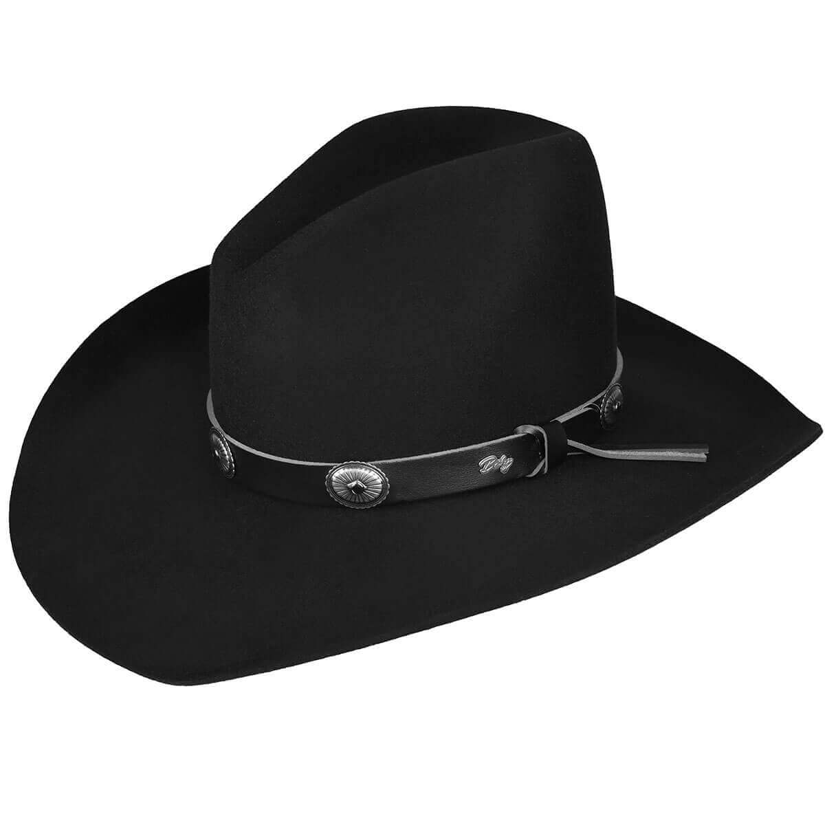 Western Wool Tombstone Cowboy Hat in classic black felt with decorative band for authentic cowboy style.